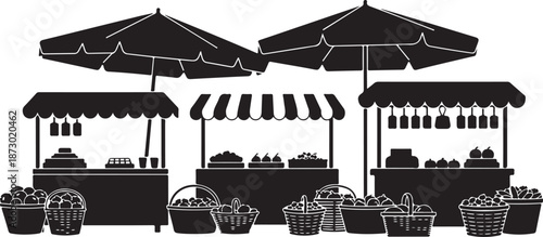 A lively street food market scene with vendor stalls, fresh produce, and protective umbrellas, evoking a sense of community and culinary culture.