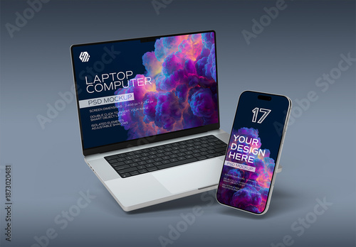 Smartphone and Laptop Mockup on Grey Background