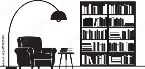 A serene reading nook with a comfortable armchair, stylish floor lamp, and a tall bookshelf, perfect for relaxation and getting lost in a good book.