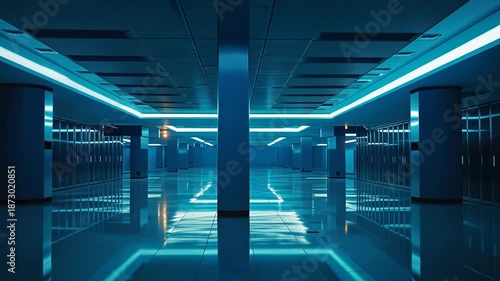 Futuristic data center or server room with blue lights