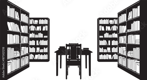 Elegant modern office library with tall bookshelves and a desk, perfect for study, work, or research in a quiet and focused environment.