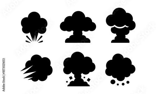 Collection of black explosion and smoke cloud icons on a white background