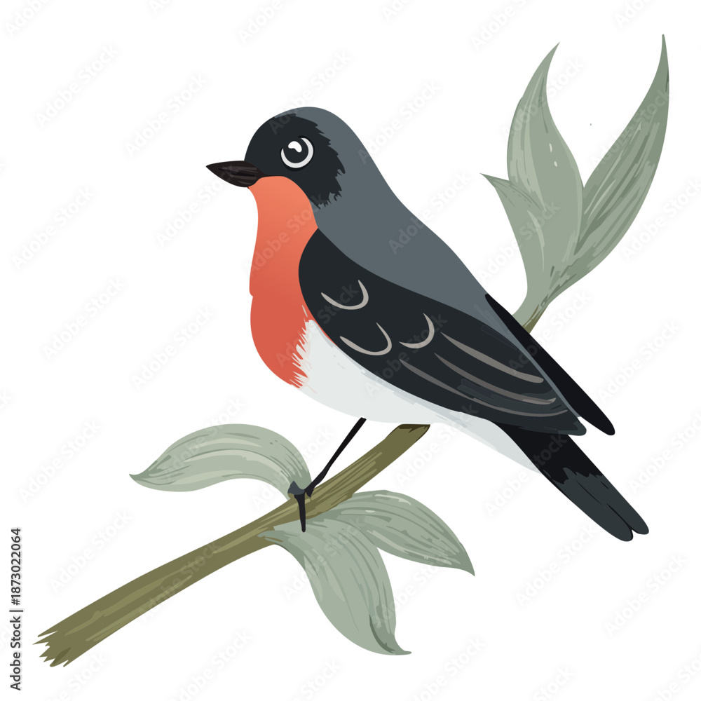 Obraz premium Red breasted robin bird illustration perched on a delicate branch with long green leaves