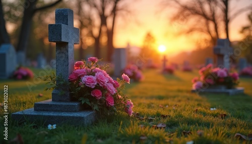 Cemetery with flowers on grave at sunset. Pink roses on a tombstone in a graveyard. Memorial scene showing loss and remembrance. Soft warm light highlights the cross monument.