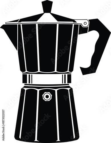 Classic Italian espresso maker icon, moka pot vector illustration, traditional stovetop coffee brewer silhouette, kitchenware design element for cafe menu and home brewing, isolated.