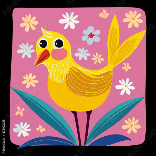 Bright yellow bird character with red cheeks surrounded by white flowers and stars on pink surface