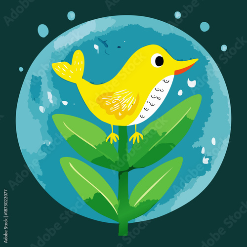 Yellow canary bird sitting on green leaves inside a magical blue bubble or glass sphere illustration