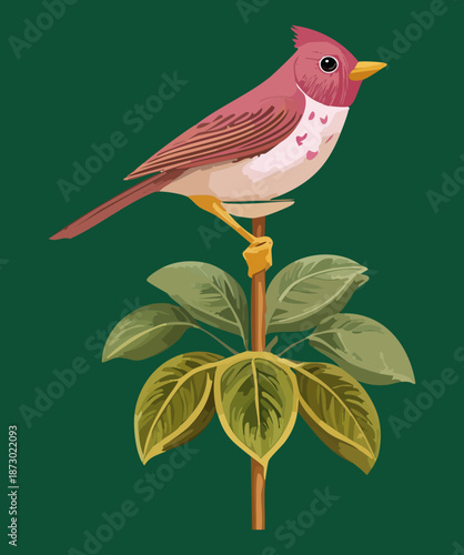 Realistic red breasted bird perched on a flowering plant branch with green leaves and detailed floral elements