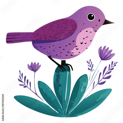 purple fantasy bird on decorative plant stand with blue flowers for whimsical garden fairy tale illustration