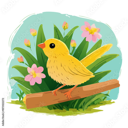 cute yellow canary bird sitting on log with pink flowers and soft green meadow background for kids