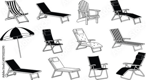 Set of beach lounge chairs and sun umbrella icons, summer vacation outdoor furniture collection, wooden deck chairs and poolside recliners, vector illustration silhouettes.
