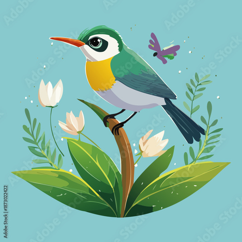 Small blue bird with orange belly perched on a branch with white blossoms and butterfly