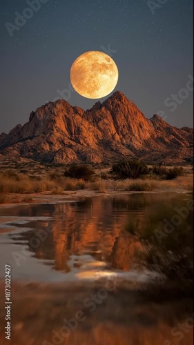 Giant full moon rising over rocky desert mountains with water reflection and starry night sky (Vertical Video)