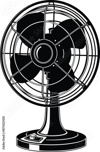 Vintage electric desk fan vector illustration, classic black and white retro oscillating table blower icon, antique metal cooling appliance silhouette for summer interior design.