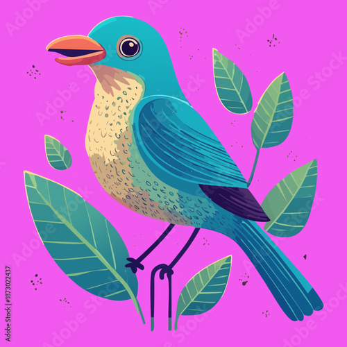 Blue and purple bird with long beak perched on a branch with green tropical leaves