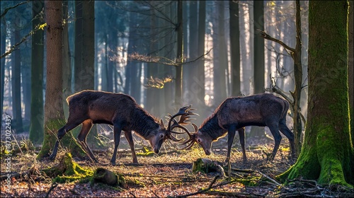 dominance. Two male deer with locked antlers in a misty forest. wildlife magazines, conservation campaigns, designed for wildlife conservation campaigns, promotes animal welfare.