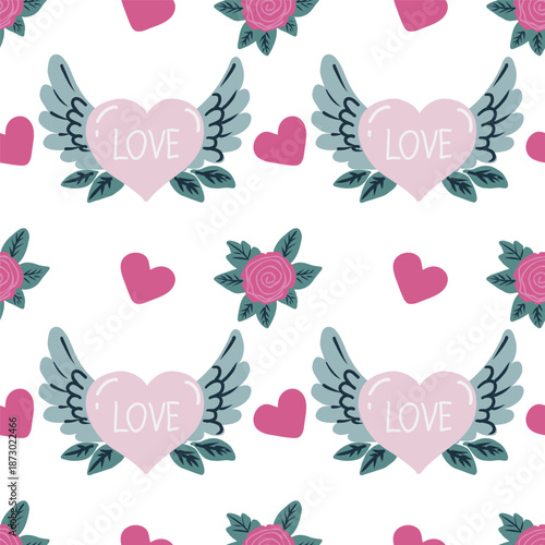 Romantic vector seamless pattern with pink hearts with wings and roses, perfect for Valentine day card, decoration, wedding invitation.
