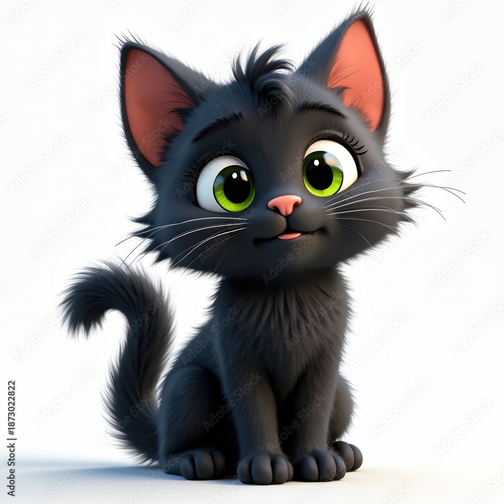 Fototapeta premium Cartoon black cat sits on white backdrop. Adorable 3d rendered kitten with big green eyes and pink nose. Cute pet looks playful. Character design for children.