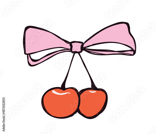 Whimsical valentine coquette doodle cherry with pink bow. Cute vintage element for Valentine's Day, wedding, birthday, invitation, greeting card. Hand drawn sketch. Isolated crayon vector illustratio