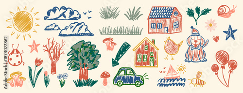 Kids hand drawn set. Collection of childish drawings and scribbles. Naive marker illustration with a variety objects and garden elements, sun and dog, house and tornado