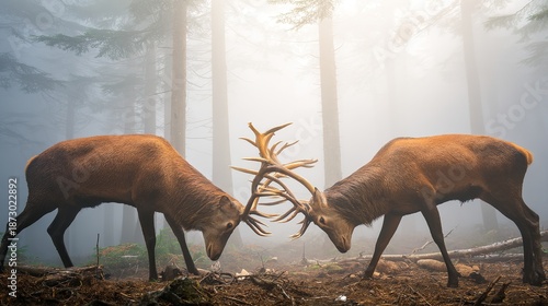 dominance. Two male deer with locked antlers in a misty forest. wildlife magazines, conservation campaigns, designed for wildlife conservation campaigns, promotes animal welfare.