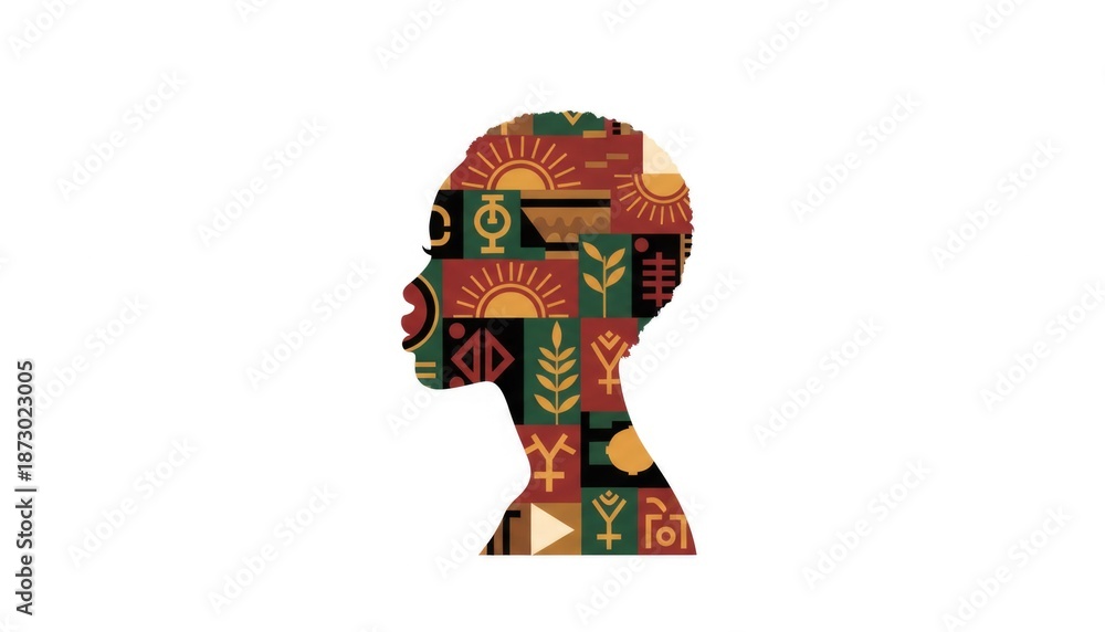Obraz premium African silhouette with geometric patterns and cultural symbols in profile view