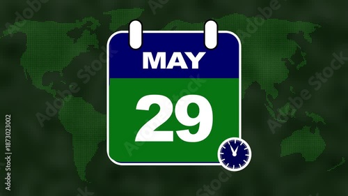 Calendar displaying May 29th with a world map and clock in the background date