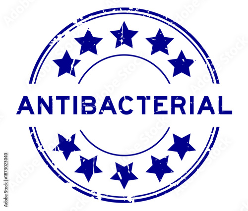 Grunge blue antibacterial word with star icon round rubber seal stamp on white background