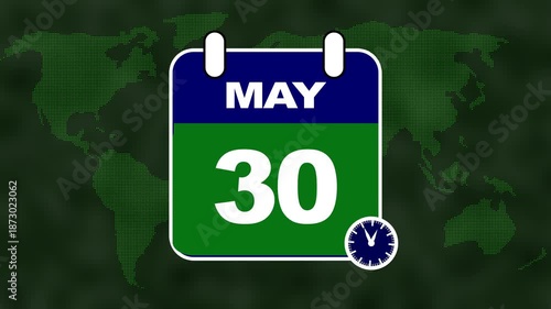 Calendar showing May 30th with a world map background and a clock date