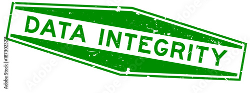 Grunge green data integrity word hexagon rubber seal stamp on white background