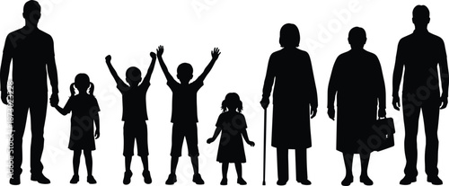 Family silhouette illustration, people age diversity concept, parents children seniors figures, black isolated vector, generation lifecycle social design, art collection