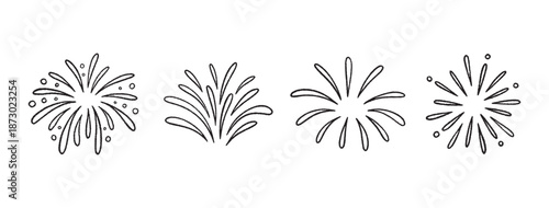 Firework doodles and festive hand drawn firecrackers set. Line art, sketch style celebration icons with stars, sparkles, explosive bursts. For party designs, celebrations, and holiday events. Vector