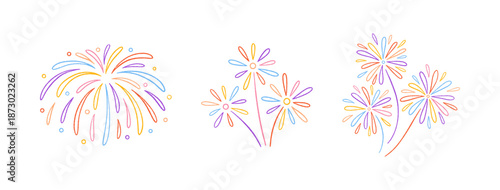 Crayon colorful fireworks set. Hand drawn line art sketches of sparkles, firecracker, confetti. Chalk drawing. Cute childish party mood doodles. Birthday, carnival, holiday design. Vector illustration