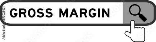 Search banner in word gross margin with hand over magnifier icon on white background