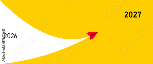Red airplane going towards goal, plan, action. 2027 year plan idea concept.business creativity new idea discovery innovation technology	