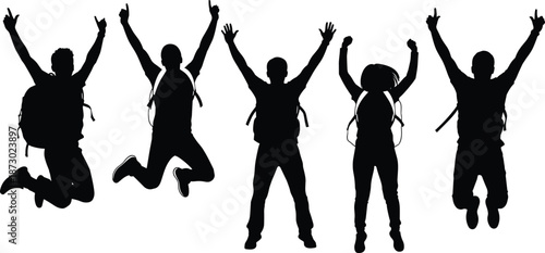 Happy, people, jumping, silhouette, group, celebrating, success, freedom, teamwork, energy, youth, lifestyle, travel, adventure, backpackers, joy, victory, motion, black, white
