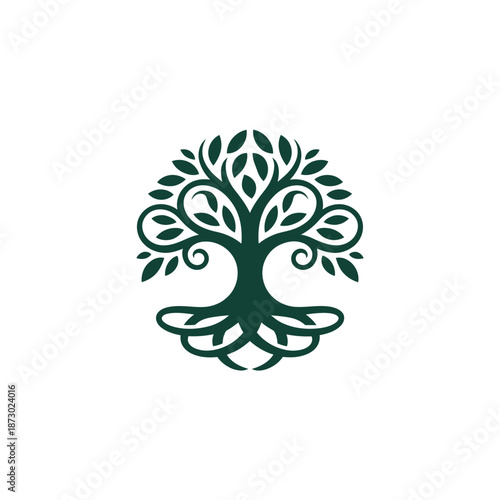 A gracefully designed tree with lush foliage and visible root system