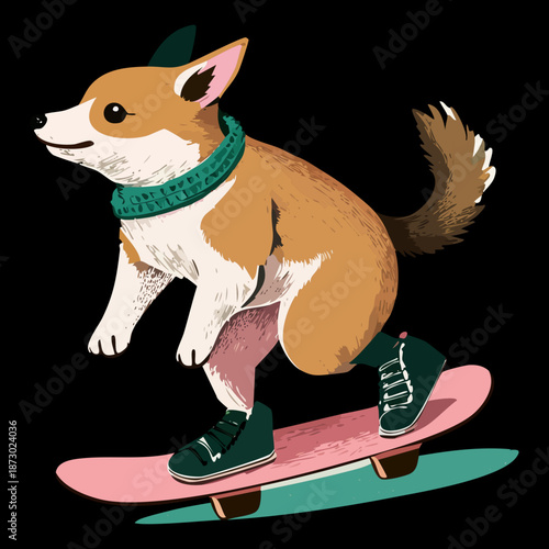 cute corgi puppy wearing green sneakers and a collar riding a pink skateboard on dark background