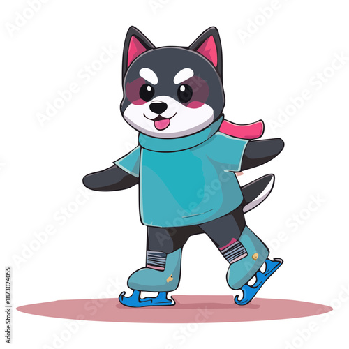 husky dog character wearing a blue sweater enjoying ice skating during winter season in cute cartoon style