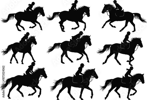 Horse riding silhouette collection, equestrian sport action poses, rider and horse movement, jumping training, competition illustration, black vector set