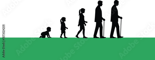 Human life cycle silhouette illustration, baby child adult senior walking progression, people aging development concept, black isolated vector design, collection