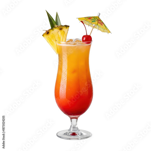 Tall hurricane glass filled with layered red and orange tropical cocktail garnished with pineapple slice cherry and paper umbrella isolated on a transparent background