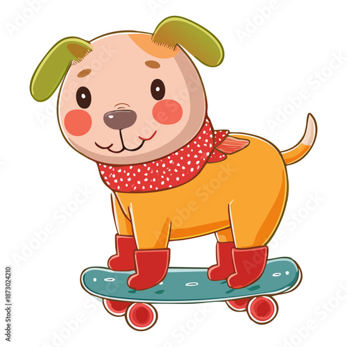 cute orange puppy character wearing a red spotted scarf and blue roller skates standing happily