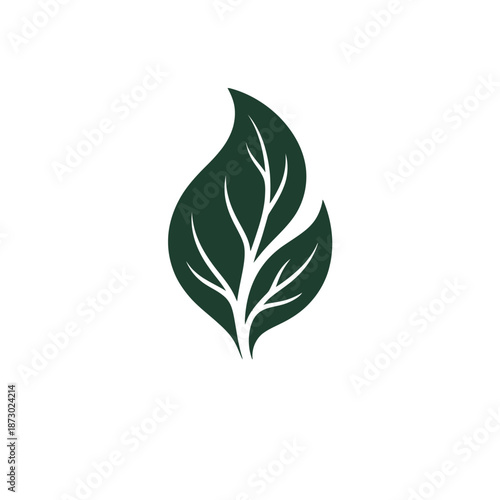 A simple dark green leaf graphic on a plain white background