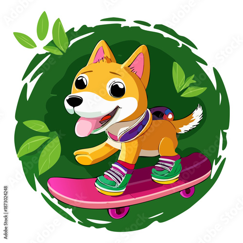 happy shiba inu dog character wearing a red collar riding a pink skateboard in a garden