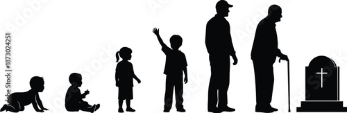 Human life cycle silhouette illustration, birth childhood adulthood aging death concept, life journey timeline, mortality concept vector isolated