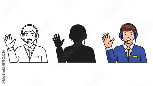 Customer service agent waving hand greeting set outline, silhouette color illustration