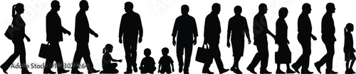 Human life cycle silhouette illustration, people walking, adults children babies elderly, social diversity, generation timeline, isolated white background