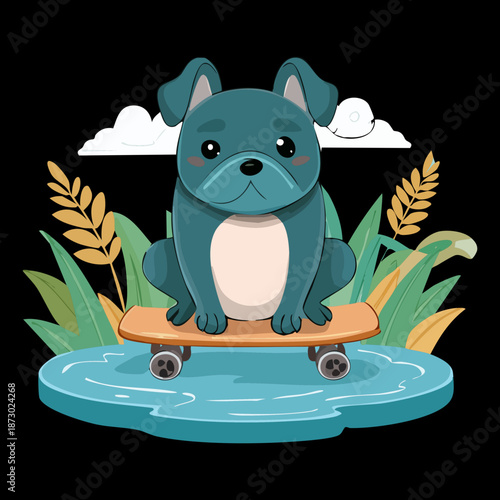 adorable grey bulldog character sitting patiently on a wooden skateboard surrounded by green garden plants and leaves