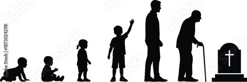 human life cycle silhouette, aging journey from birth to death, childhood adulthood old age concept, mortality timeline illustration